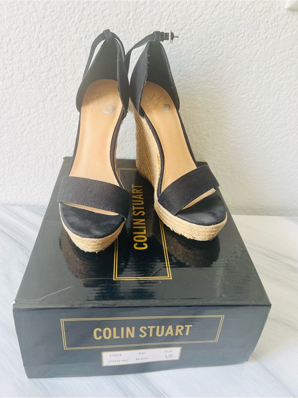 Colin Stuart Black Espadrille Ankle-Strap Wedge Sandals Summer Feminine Resort